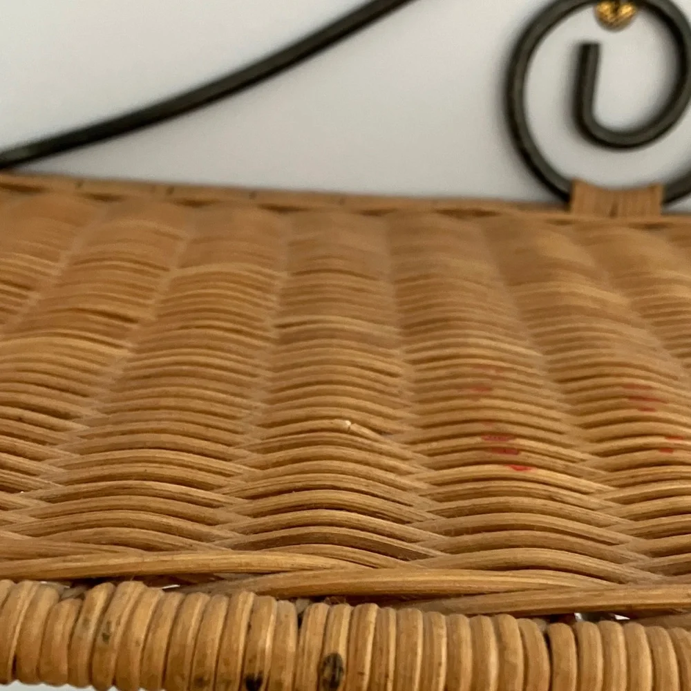 Wrought Iron and Wicker Wall Shelf With Hanging Bar, Ready To Hang